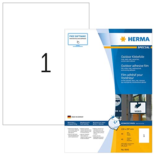 HERMA 9543 Wetterfeste Folienetiketten, 40 Blatt, 210 x 297 mm, 1 pro A4 Bogen, 40 Stück, selbstklebend, bedruckbar, matt, blanko Outdoor Klebeetiketten Aufkleber aus Polyethylen, weiß von HERMA