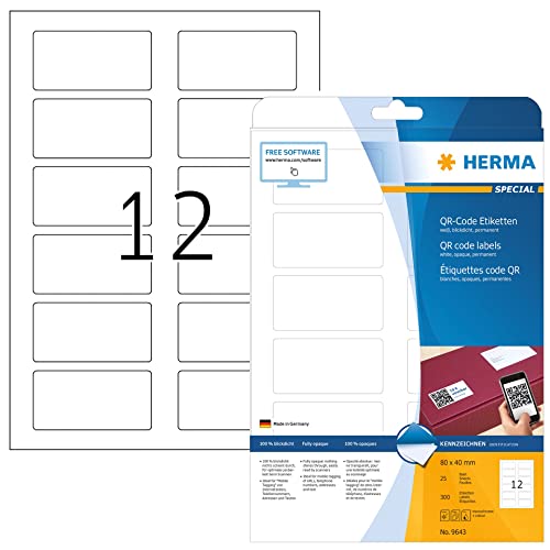 HERMA 9643 QR Code Etiketten blickdicht, 25 Blatt, 80 x 40 mm, 12 pro A4 Bogen, 300 Stück, selbstklebend, bedruckbar, matt, blanko Papier QR-Code Klebeetiketten Aufkleber, weiß von HERMA