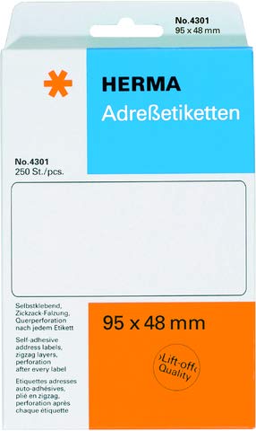 HERMA Adressetikett, Schreibmaschine, leporello, selbstklebend, 95 x 48 mm, weiß (250 Stück), Sie erhalten 1 Packung á 250 Stück von HERMA