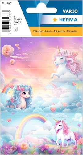 HERMA Buchetiketten zum Beschriften Einhorn, Tier Namensaufkleber Kinder mit Unicorn Motiv, selbstklebende Beschriftungsetiketten Namensschilder für Schule Buch Heft Schulheft Wasserflasche von HERMA
