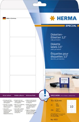 HERMA Etikett, Disketten 8,89 cm, Inkjet/Laser/Kopierer, selbstklebend, abgerundete Ecken, 70 x 50,8 mm, weiß (250 Stück), Sie erhalten 1 Packung á 250 Stück von HERMA