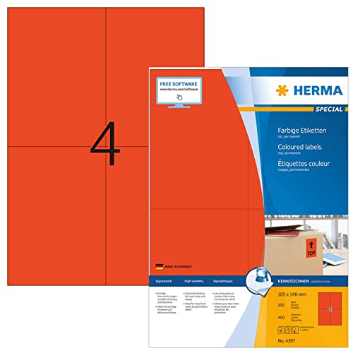 HERMA Etikett, Inkjet/Laser/Kopierer, selbstklebend, 105 x 148 mm, rot (400 Stück), Sie erhalten 1 Packung á 400 Stück von HERMA