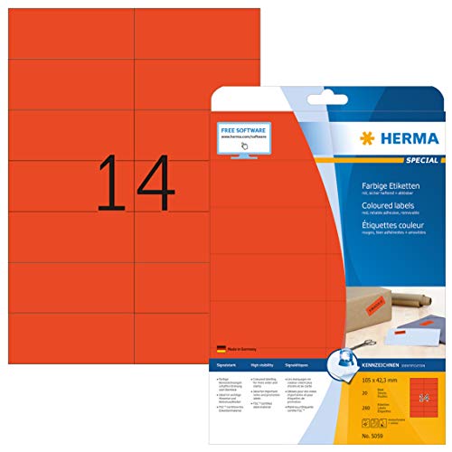 HERMA Etikett, Inkjet/Laser/Kopierer, selbstklebend, 105 x 42,3 mm, rot (280 Stück), Sie erhalten 1 Packung á 280 Stück von HERMA