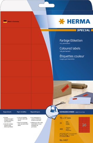 HERMA Etikett, Inkjet/Laser/Kopierer, selbstklebend, 70 x 37 mm, rot (480 Stück), Sie erhalten 1 Packung á 480 Stück von HERMA