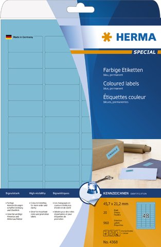HERMA Etikett, Inkjet/Laser/Kopierer, selbstklebend, abgerundete Ecken, 45,7 x 21,2 mm, blau (960 Stück), Sie erhalten 1 Packung á 960 Stück von HERMA