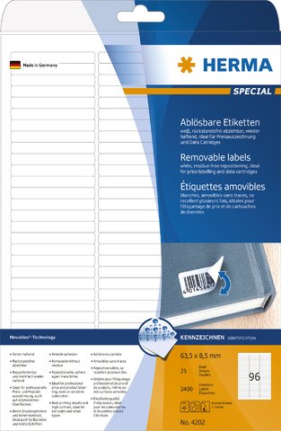 HERMA Etikett, Inkjet/Laser/Kopierer, selbstklebend, ablösbar, abgerundete Ecken, 63,5 x 8,5 mm, weiß (2.400 Stück), Sie erhalten 1 Packung á 2400 Stück von HERMA