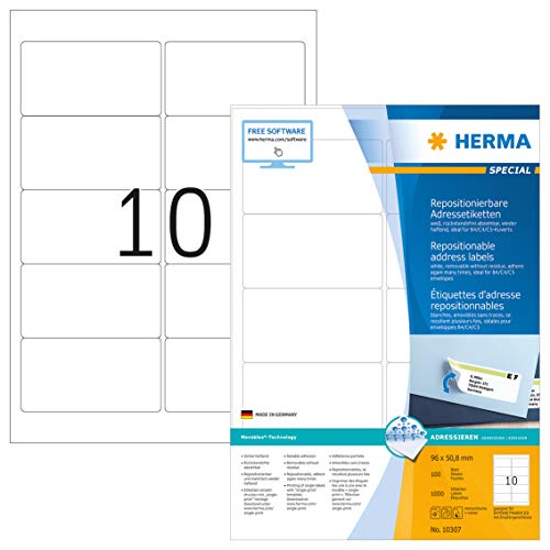 HERMA Etikett, Inkjet/Laser/Kopierer, selbstklebend, ablösbar, abgerundete Ecken, 96 x 50,8 mm, weiß (1.000 Stück), Sie erhalten 1 Packung á 1000 Stück von HERMA