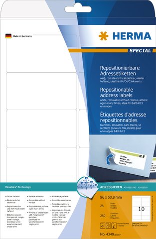 HERMA Etikett, Inkjet/Laser/Kopierer, selbstklebend, ablösbar, abgerundete Ecken, 96 x 50,8 mm, weiß (250 Stück), Sie erhalten 1 Packung á 250 Stück von HERMA