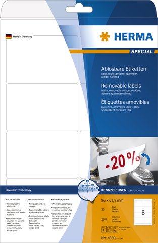 HERMA Etikett, Inkjet/Laser/Kopierer, selbstklebend, ablösbar, abgerundete Ecken, 96 x 63,5 mm, weiß (200 Stück), Sie erhalten 1 Packung á 200 Stück von HERMA