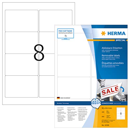 HERMA Etikett, Inkjet/Laser/Kopierer, selbstklebend, ablösbar, abgerundete Ecken, 96 x 63,5 mm, weiß (800 Stück), Sie erhalten 1 Packung á 800 Stück von HERMA