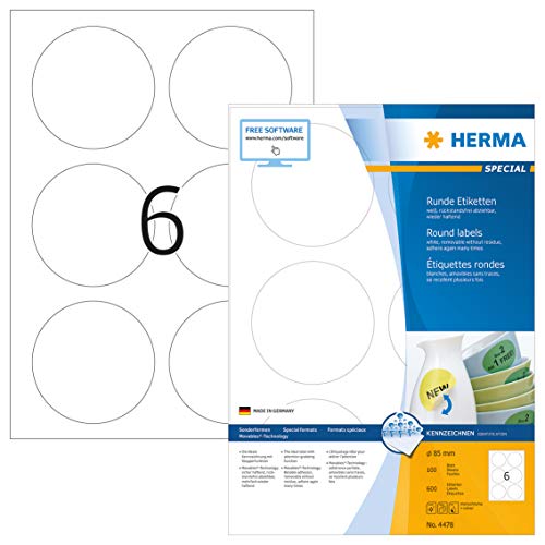 HERMA Etikett, Inkjet/Laser/Kopierer, selbstklebend, ablösbar, rund, Ø: 85 mm, weiß (600 Stück), Sie erhalten 1 Packung á 600 Stück von HERMA