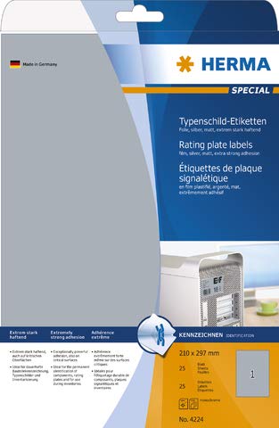 HERMA Etikett, Laser/Kopierer, auf A4-Bogen, selbstklebend, Polyesterfolie, 210 x 297 mm, silber, matt (25 Stück), Sie erhalten 1 Packung á 25 Stück von HERMA