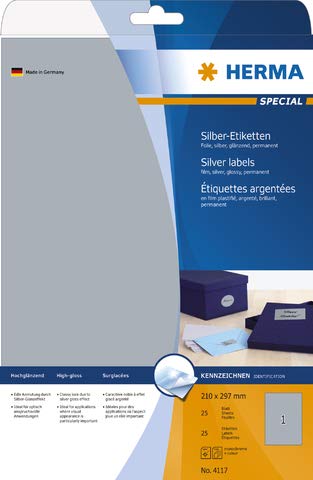 HERMA Etikett, Laser/Kopierer/Farblaser/-kopierer, selbstklebend, Folie, 210 x 297 mm, silber (25 Stück), Sie erhalten 1 Packung á 25 Stück von HERMA