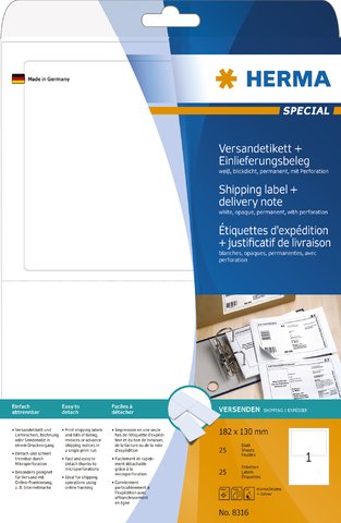 HERMA Etikett, mit Beleg, Inkjet/Laser/Kopierer, selbstklebend, permanent, Spezialpapier, 182 x 130 mm, weiß, opak (25 Stück), Sie erhalten 1 Packung á 25 Stück von HERMA