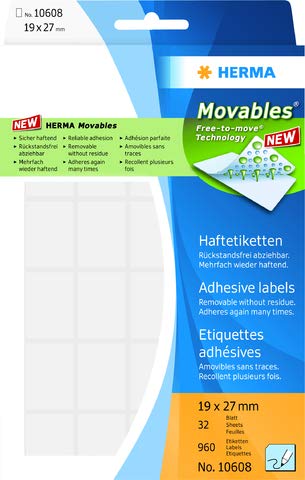 HERMA Etikett Movables®, Handbeschriftung, auf A4-Bogen, selbstklebend, ablösbar, Spezialpapier, 19 x 27 mm, weiß (960 Stück), Sie erhalten 1 Packung á 960 Stück von HERMA
