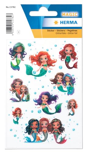 HERMA Meerjungfrau Aufkleber, Mädchen Glitzer Sticker für Kinder & Kleinkinder, Kinderaufkleber mit Mermaid Motiv für Stickeralbum Scrapbook Fotoalbum Geschenk Geburtstag Dekoration Briefe Basteln von HERMA