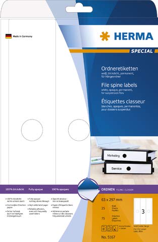 HERMA Rückenschild, selbstklebend, breit/Hängeordner, 63 x 297 mm, weiß (75 Stück), Sie erhalten 1 Packung á 75 Stück von HERMA