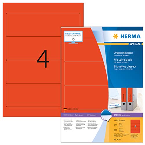 HERMA Rückenschild, selbstklebend, breit/kurz, 61 x 192 mm, rot (400 Stück), Sie erhalten 1 Packung á 400 Stück von HERMA