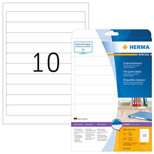 HERMA Rückenschild, selbstklebend, schmal/kurz, 25,4 x 192 mm, weiß (250 Stück), Sie erhalten 1 Packung á 250 Stück von HERMA