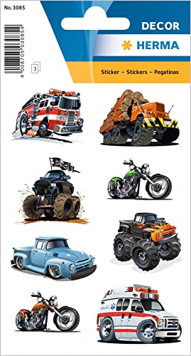 HERMA 3085 Aufkleber Fahrzeuge klein, 24 Stück, Auto Sticker mit Monstertruck Feuerwehrauto Krankenwagen Motiv, Kinder Etiketten für Fotoalbum Tagebuch Scrapbooking Geburtstag Deko Briefe DIY Basteln von HERMA