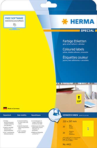 HERMA Universal-Etiketten SPECIAL, 210 x 297 mm, gelb, Sie erhalten 1 Stück á 20 Blatt HERMA Universal-Etiketten SPECIAL, 210 x 297 mm, gelb, Sie erhalten 1 Stück á 20 Blatt von HERMA