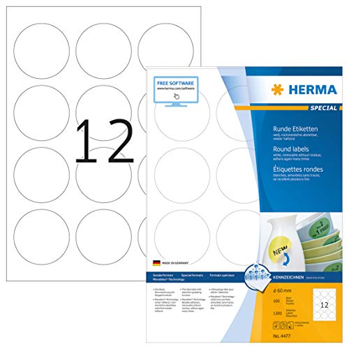 HERMA Universal-Etiketten SPECIAL, Durchmesser 60 mm, weiß, Sie erhalten 1 Stück á 100 Blatt HERMA Universal-Etiketten SPECIAL, Durchmesser 60 mm, weiß, Sie erhalten 1 Stück á 100 Blatt von HERMA
