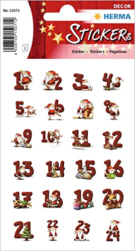 HERMA 15071 Aufkleber Zahlen 1-24 klein groß, 72 Stück, Weihnachten Sticker mit Weihnachtsmann Nikolaus Motiv, Nummer Ziffer Klebezahlen Etiketten für Weihnachtsdeko Adventskalender Deko DIY Basteln von HERMA