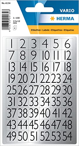 HERMA 4134 Zahlen Aufkleber silber 1-100, 216 Stück, 13 x 12 mm, selbstklebend, klein, Nummer Ziffer Klebezahlen Sticker Hausnummern aus Folie zum Aufkleben, schwarz von HERMA
