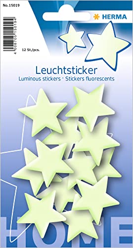 HERMA 15019 Leuchtsterne Kinderzimmer klein mini, 12 Stück, selbstklebend, leuchtende Sterne Aufkleber Wandsticker, Leuchtsticker aus Plastik zur Sternenhimmel Dekoration für Kinder Mädchen Jungen von HERMA