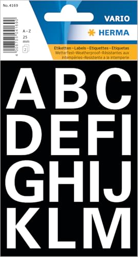 HERMA Buchstaben Aufkleber Weiß, 30 Stück, Schriftgröße 25 mm, selbstklebend, wasserfest, wetterfest, groß, Alphabet Sticker Klebebuchstaben A-Z aus Folie zum Aufkleben, transparent von HERMA