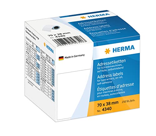 HERMA 4340 Adressetiketten für Schreibmaschinen auf Rolle, 70 x 38 mm, 250 Stück, selbstklebend, matt, blanko Papier Adressaufkleber Klebeetiketten Aufkleber, weiß von HERMA