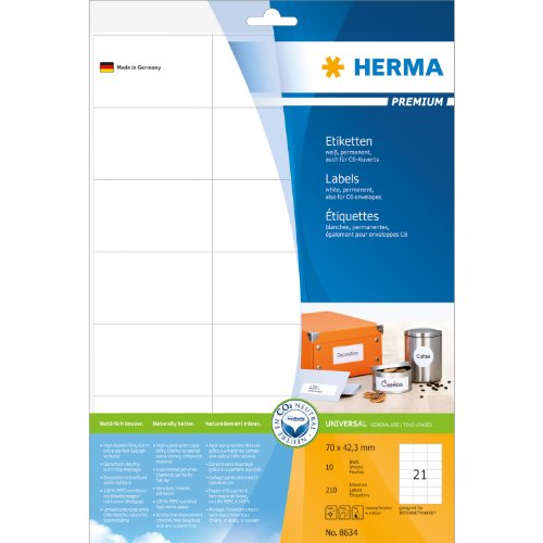 HERMA 8634 Universal Etiketten, 10 Blatt, 70 x 42,3 mm, 21 Stück pro A4 Bogen, 210 Aufkleber, selbstklebend, bedruckbar, blanko Klebeetiketten aus Papier für Laser / Inkjet Drucker, weiß von HERMA