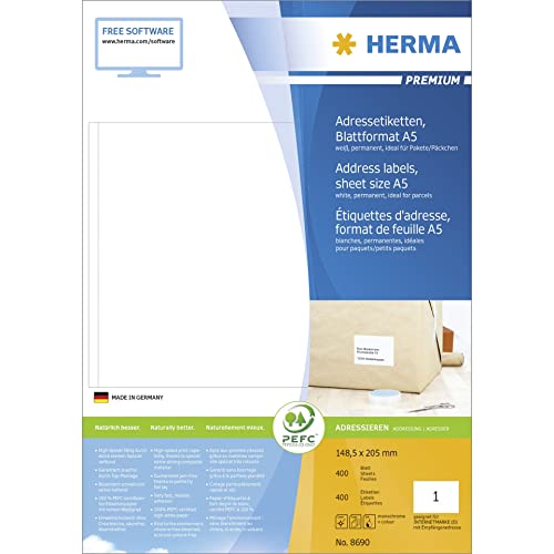 HERMA 8690 Adress-Etiketten 148.5 x 205mm Papier Weiß 400 St. Tintenstrahldrucker, Laserdrucker, FA HERMA 8690 Adress-Etiketten 148.5 x 205mm Papier Weiß 400 St. Tintenstrahldrucker, Laserdrucker, FA von HERMA