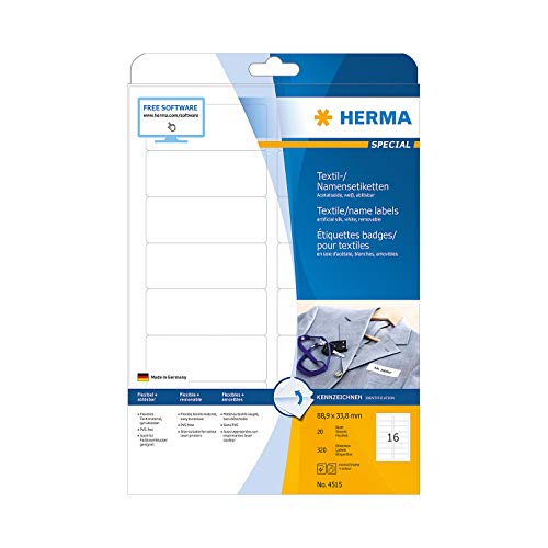 Namens- und Textiletiketten Herma, A4, 88,9 x 33,8 mm, selbstklebend, weiß, 160/320 Stück 320 von HERMA