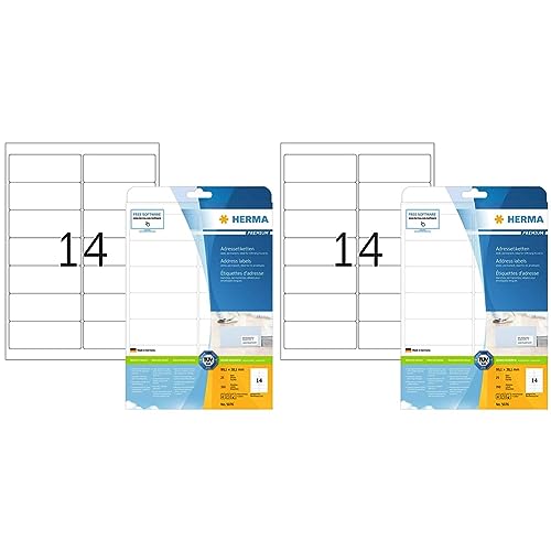 Universal Etiketten, 25 Blatt, 99,1 x 38,1 mm, 14 Stück pro A4 Bogen, 350 Aufkleber, selbstklebend, bedruckbar, matt, blanko Klebeetiketten aus Papier, weiß (Packung mit 2) von HERMA