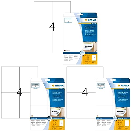 Universal Etiketten ablösbar, 25 Blatt, 105 x 148 mm, 4 Stück pro A4 Bogen, 100 Aufkleber, selbstklebend, bedruckbar, matt, blanko Klebeetiketten aus Papier, weiß (Packung mit 3) von HERMA