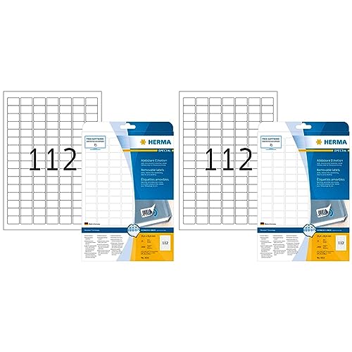Universal Etiketten ablösbar, 25 Blatt, 25,4 x 16,9 mm, 112 Stück pro A4 Bogen, 2800 Aufkleber, selbstklebend, bedruckbar, matt, blanko Klebeetiketten aus Papier, weiß (Packung mit 2) von HERMA
