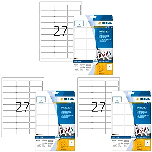 Universal Etiketten ablösbar, 25 Blatt, 63,5 x 29,6 mm, 27 Stück pro A4 Bogen, 675 Aufkleber, selbstklebend, bedruckbar, matt, blanko Klebeetiketten aus Papier, weiß (Packung mit 3) von HERMA