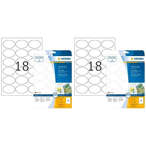 Universal Etiketten ablösbar, 25 Blatt, 63,5 x 42,3 mm, 18 Stück pro A4 Bogen, 450 Aufkleber, selbstklebend, bedruckbar, matt, blanko Klebeetiketten aus Papier, weiß (Packung mit 2) von HERMA