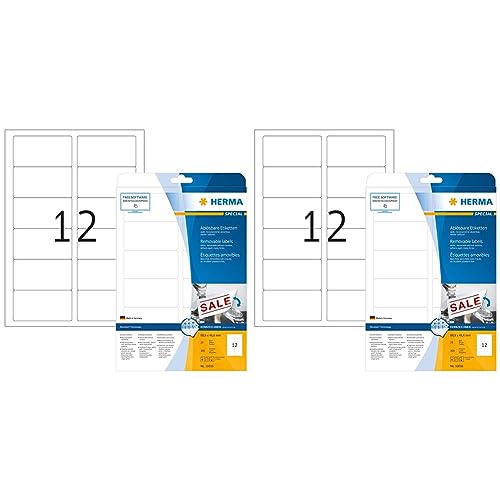 Universal Etiketten ablösbar, 25 Blatt, 88,9 x 46,6 mm, 12 Stück pro A4 Bogen, 300 Aufkleber, selbstklebend, bedruckbar, matt, blanko Klebeetiketten aus Papier, weiß (Packung mit 2) von HERMA
