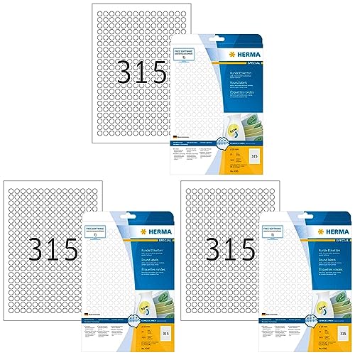 Universal Etiketten ablösbar rund, 25 Blatt, Ø 10 mm, 315 Stück pro A4 Bogen, 7875 Aufkleber, selbstklebend, bedruckbar, matt, blanko Klebeetiketten aus Papier, weiß (Packung mit 3) von HERMA