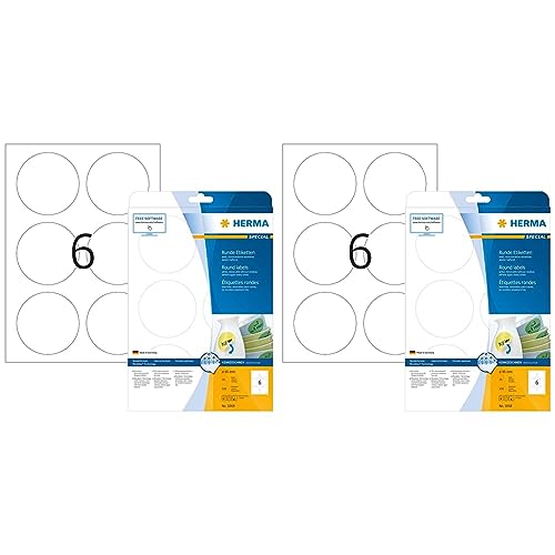 Universal Etiketten ablösbar rund, 25 Blatt, Ø 85 mm, 6 Stück pro A4 Bogen, 25 Aufkleber, selbstklebend, bedruckbar, matt, blanko Klebeetiketten aus Papier, weiß (Packung mit 2) von HERMA