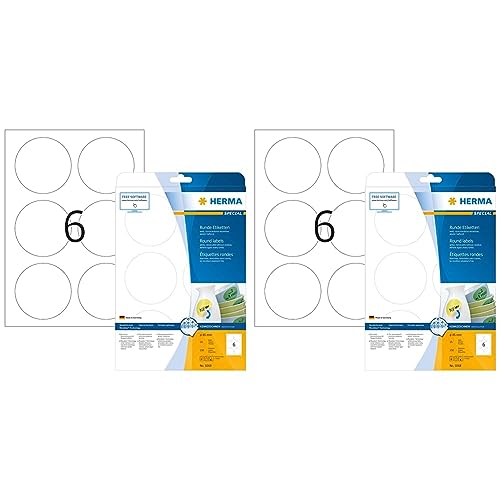Universal Etiketten ablösbar rund, 25 Blatt, Ø 85 mm, 6 Stück pro A4 Bogen, 25 Aufkleber, selbstklebend, bedruckbar, matt, blanko Klebeetiketten aus Papier, weiß (Packung mit 2) von HERMA