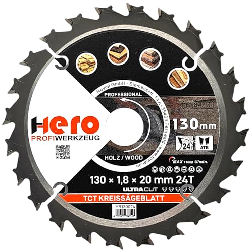 HERO Kreissägeblatt 130 x 20/16 mm 24 Zähne Hartmetall Sägeblatt TCT Ersatzsägeblatt für Holzbearbeitung Weich & Hartholz, Nichteisenmetalle Universal Handsäge, Gehrungssäge, Tischkreissäge, Kappsäge HERO Kreissägeblatt 130 x 20/16 mm 24 Zähne Hartmetall Sägeblatt TCT Ersatzsägeblatt für Holzbearbeitung Weich & Hartholz, Nichteisenmetalle Universal Handsäge, Gehrungssäge, Tischkreissäge, Kappsäge von HERO PROFIWERKZEUG