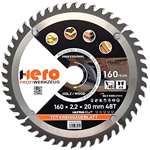 HERO Kreissägeblatt 160 x 20/16 mm 48 Zähne Hartmetall Sägeblatt TCT Ersatzsägeblatt für Holzbearbeitung Weich & Hartholz, Nichteisenmetalle Universal Handsäge, Gehrungssäge, Tischkreissäge, Kappsäge HERO Kreissägeblatt 160 x 20/16 mm 48 Zähne Hartmetall Sägeblatt TCT Ersatzsägeblatt für Holzbearbeitung Weich & Hartholz, Nichteisenmetalle Universal Handsäge, Gehrungssäge, Tischkreissäge, Kappsäge von HERO PROFIWERKZEUG