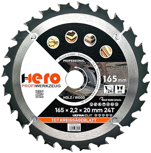 HERO Kreissägeblatt 165 x 20/16 mm 24 Zähne Hartmetall Sägeblatt TCT Ersatzsägeblatt für Holzbearbeitung Weich & Hartholz, Nichteisenmetalle Universal Handsäge, Gehrungssäge, Tischkreissäge, Kappsäge HERO Kreissägeblatt 165 x 20/16 mm 24 Zähne Hartmetall Sägeblatt TCT Ersatzsägeblatt für Holzbearbeitung Weich & Hartholz, Nichteisenmetalle Universal Handsäge, Gehrungssäge, Tischkreissäge, Kappsäge von HERO PROFIWERKZEUG