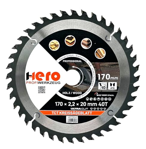 HERO Kreissägeblatt 170 x 20/16 mm 40 Zähne Hartmetall Sägeblatt TCT Ersatzsägeblatt für Holzbearbeitung Weich & Hartholz, Nichteisenmetalle Universal Handsäge, Gehrungssäge, Tischkreissäge, Kappsäge HERO Kreissägeblatt 170 x 20/16 mm 40 Zähne Hartmetall Sägeblatt TCT Ersatzsägeblatt für Holzbearbeitung Weich & Hartholz, Nichteisenmetalle Universal Handsäge, Gehrungssäge, Tischkreissäge, Kappsäge von HERO PROFIWERKZEUG