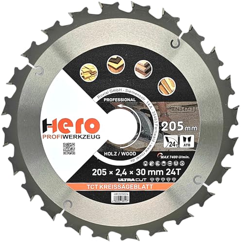 HERO Kreissägeblatt 205 x 30/20 mm 24 Zähne Hartmetall Sägeblatt TCT Ersatzsägeblatt für Holzbearbeitung Weich & Hartholz, Nichteisenmetalle Universal Handsäge, Gehrungssäge, Tischkreissäge, Kappsäge HERO Kreissägeblatt 205 x 30/20 mm 24 Zähne Hartmetall Sägeblatt TCT Ersatzsägeblatt für Holzbearbeitung Weich & Hartholz, Nichteisenmetalle Universal Handsäge, Gehrungssäge, Tischkreissäge, Kappsäge von HERO PROFIWERKZEUG