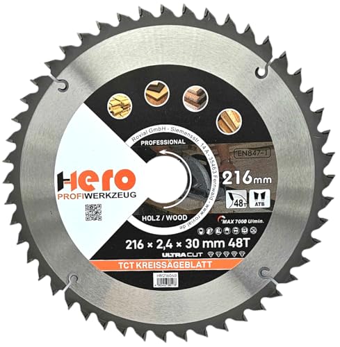 HERO Kreissägeblatt 216 x 30/20 mm 48 Zähne Hartmetall Sägeblatt TCT Ersatzsägeblatt für Holzbearbeitung Weich & Hartholz, Nichteisenmetalle Universal Handsäge, Gehrungssäge, Tischkreissäge, Kappsäge HERO Kreissägeblatt 216 x 30/20 mm 48 Zähne Hartmetall Sägeblatt TCT Ersatzsägeblatt für Holzbearbeitung Weich & Hartholz, Nichteisenmetalle Universal Handsäge, Gehrungssäge, Tischkreissäge, Kappsäge von HERO PROFIWERKZEUG