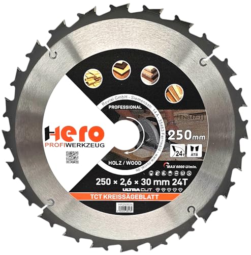HERO Kreissägeblatt 250 x 30/20 mm 24 Zähne Hartmetall Sägeblatt TCT Ersatzsägeblatt für Holzbearbeitung Weich & Hartholz, Nichteisenmetalle Universal Handsäge, Gehrungssäge, Tischkreissäge, Kappsäge HERO Kreissägeblatt 250 x 30/20 mm 24 Zähne Hartmetall Sägeblatt TCT Ersatzsägeblatt für Holzbearbeitung Weich & Hartholz, Nichteisenmetalle Universal Handsäge, Gehrungssäge, Tischkreissäge, Kappsäge von HERO PROFIWERKZEUG